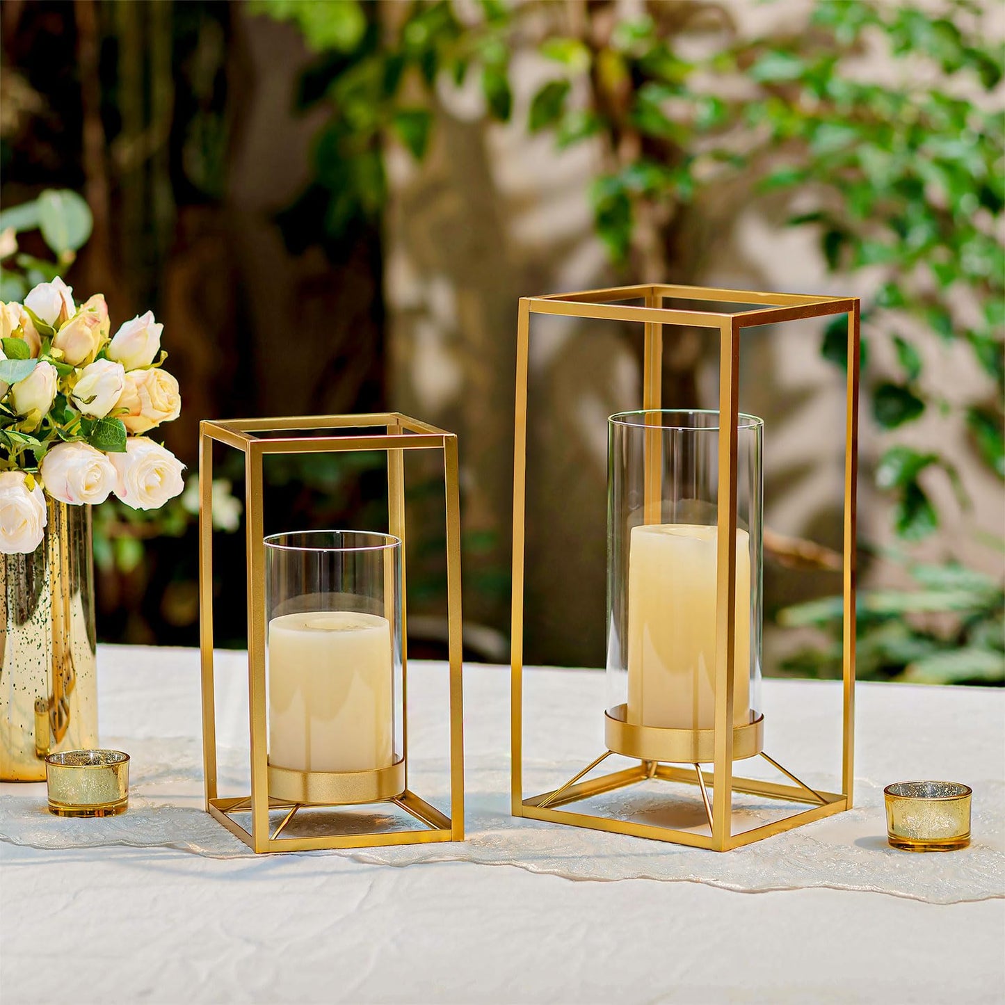 Staymoment Gold Metal Lantern Decorative Set of 2 with Hurricane Glass: Indoor Modern Farmhouse Candle Holder for Table Centerpiece Fireplace Mantles Shelf, 12" & 9"