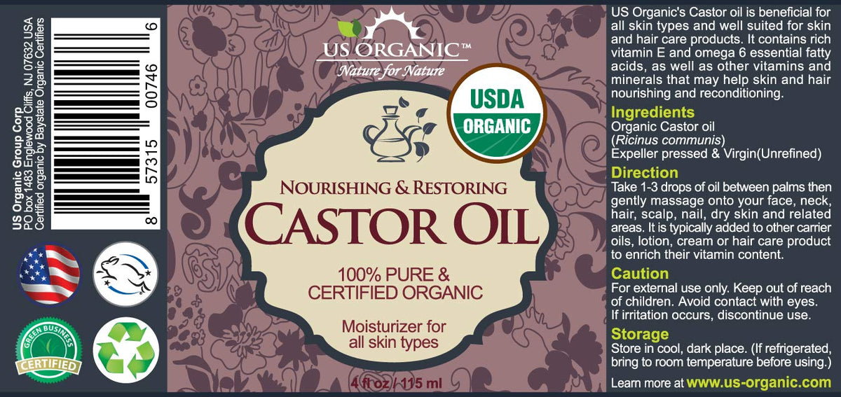 US Organic Castor Oil, USDA Certified Organic,Expeller Pressed, Hexane Free, 100% Pure & Natural moisturizing and emollient properties, For Skin, Hair Care, Eyelashes, DIY projects (4 oz (115 ml))