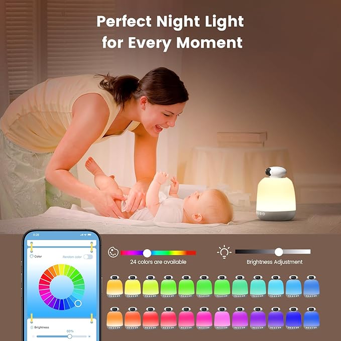 Glocusent Smart Baby Sound Machine with 62 Music Tracks, 1080P Wide-Angel Video Monitor, 24 Colors Baby Night Light for Nursery, Cry Detection, 5.1 Bluetooth Speaker, Perfect for New Parents (WiFi)