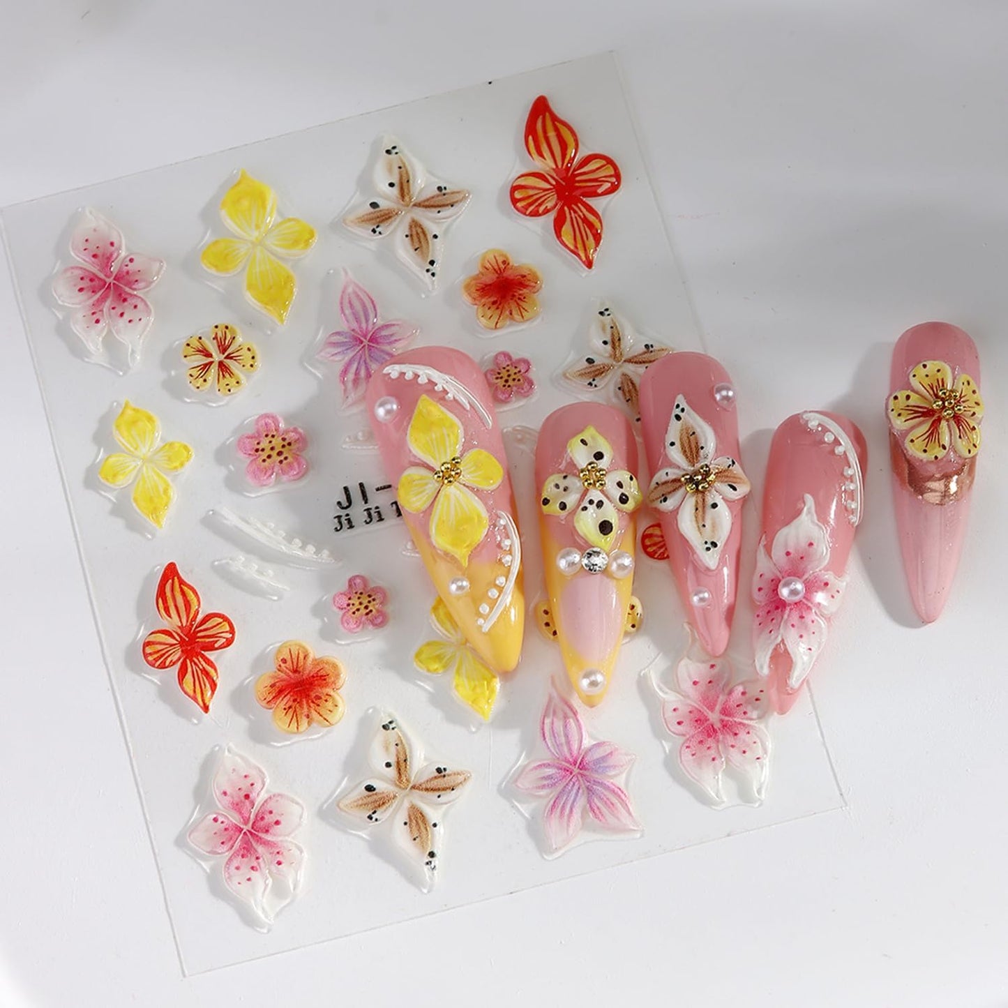 Colorful Flower Nails Art Stickers 5D Self-Adhesive Embossed Nails Stickers Hibiscus Flower Design Tropical Floral Nails Decal Supplies Women DIY Nail Art Decoration 3 Sheets