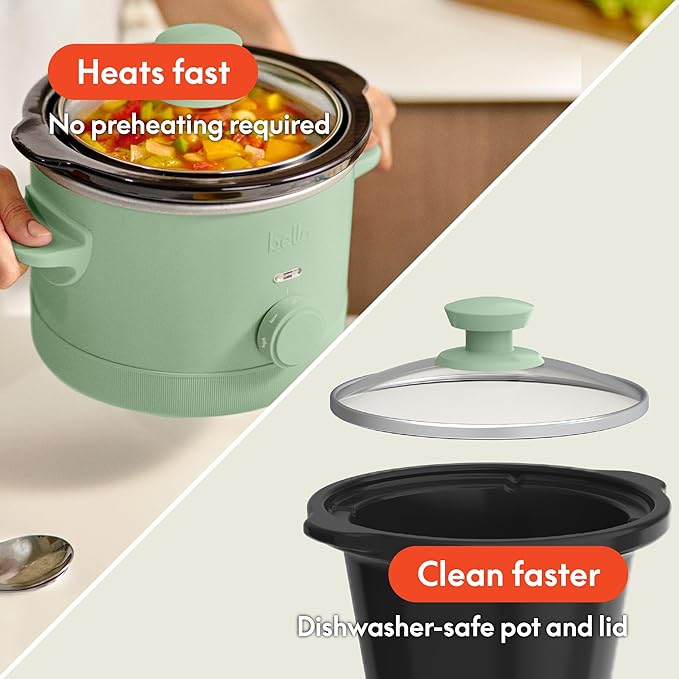 bella 1.5 Qt Slow Cooker with 3 Heat Manual Control, EverGood™ Ceramic Nonstick Coating, Dishwasher Safe Stoneware Pot and Tempered Glass Lid, Tangle Free Cord Wrap & Cool Touch Handles, Seaglass