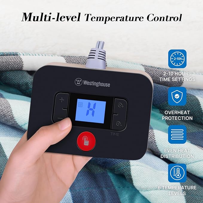 Westinghouse Electric Blanket Queen Size, Soft Flannel to Sherpa Heated Blanket with Dual Control 10 Heating Levels & 1 to 12 Hours Auto-Off, Machine Washable, Fast Heating, 84 * 90 Inch, Green