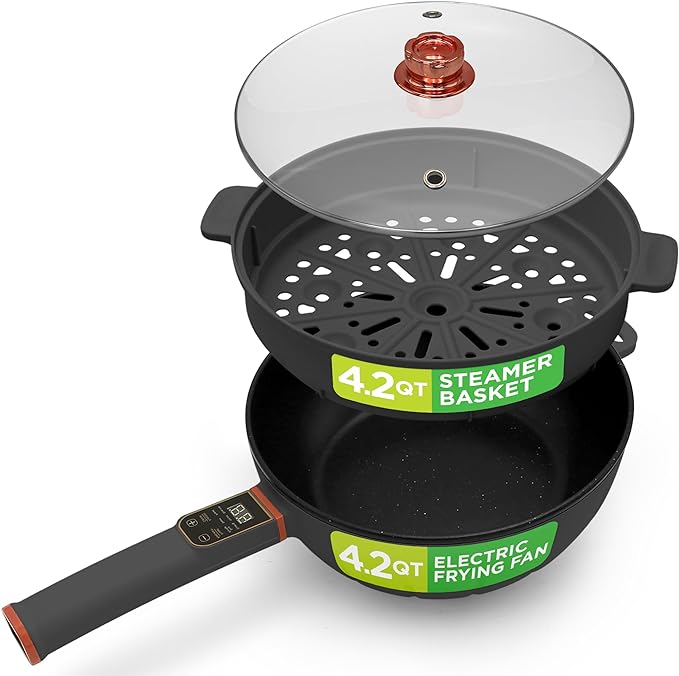Nutrichef 4L Electric Frying Pan & 4L Steamer | Multifunctional Portable 1000W Non-Stick Pot for Cooking | Durable Heat Safe Handle | Touch Control Panel | Electric Hot Pot | Black