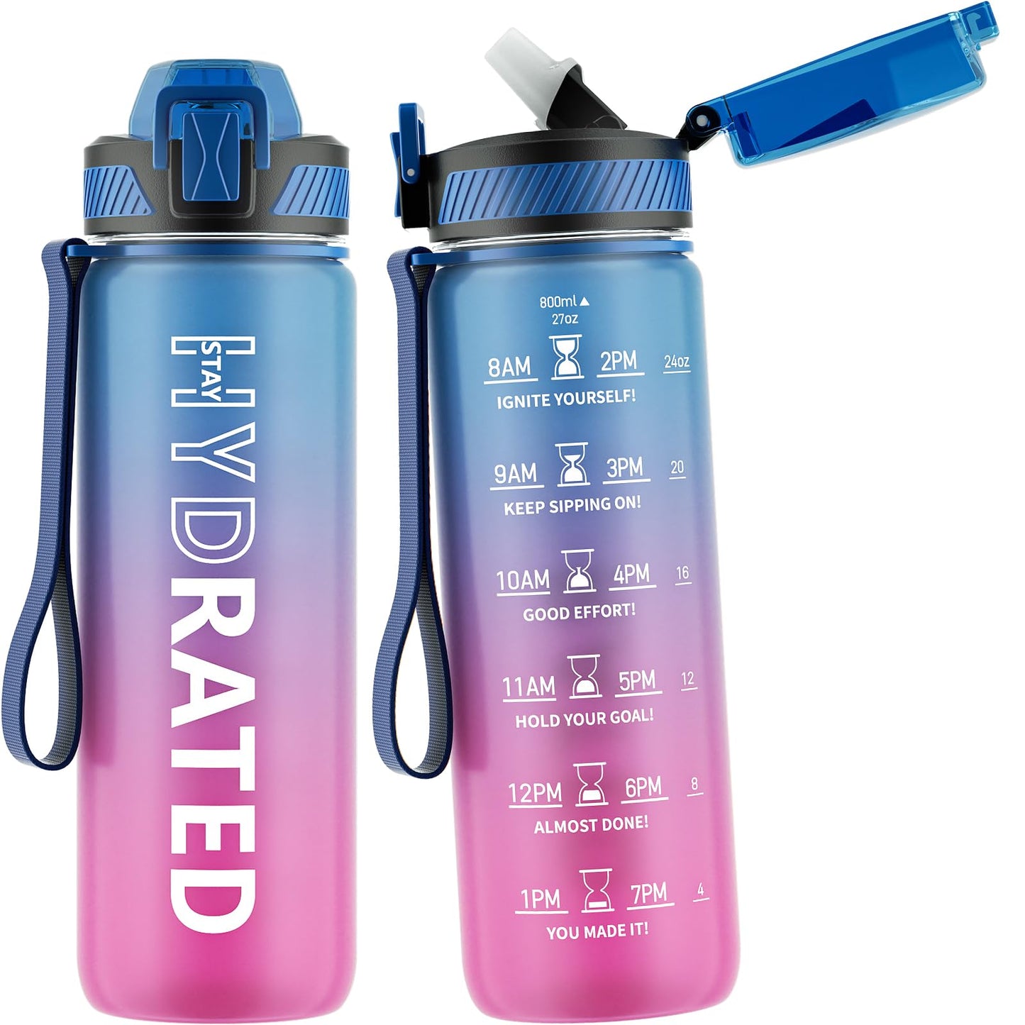 QLUR Water Bottle with Straw, 27 oz Motivational Water Bottles with Time Marker to Drink, Tritan BPA Free, 800ml Sports Water Bottle with Carry Strap LeakProof for School Fitness Outdoor (1Pack)