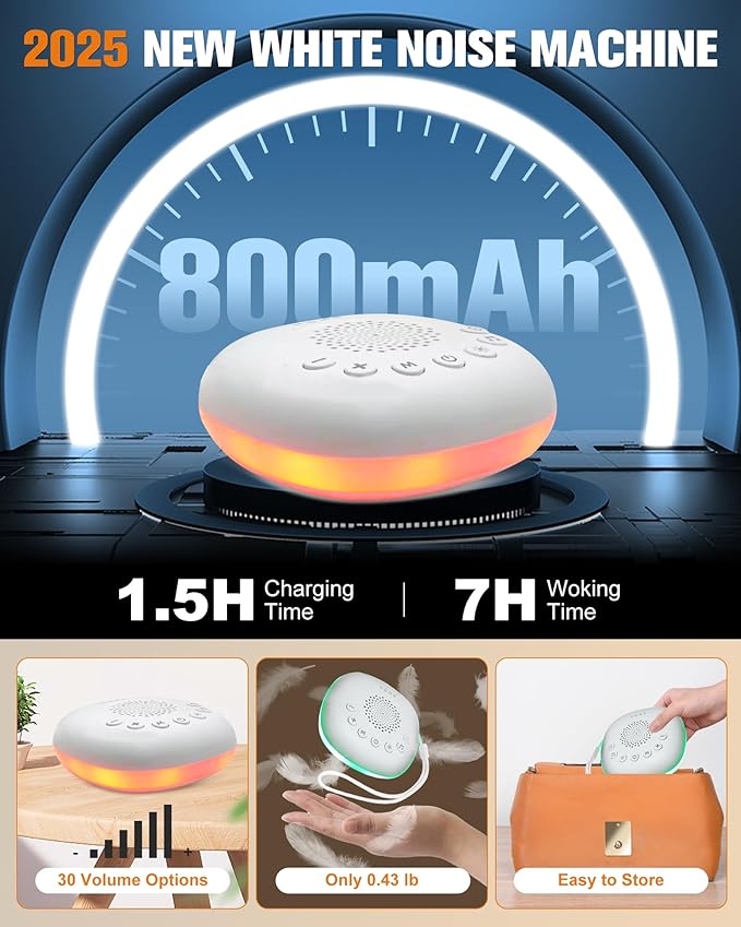 White Noise Machine - Portable Sound Machine with 20 Soothing Sounds 9 Colors Night Light for Baby Kids Adult Sleep Machines Memory Function 30 Volume Levels 4 Timers for Home Office Travel Relaxation