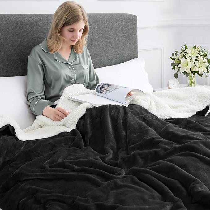 IR Imperial Rooms Sherpa Fleece Throw Blanket for Couch - Soft and Fuzzy Black Blanket for Winter - Reversible Thick and Warm Fluffy Throw Blankets for Bed, Sofa, Camping and Travel, 50x60 Inches
