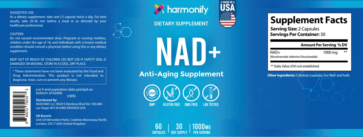 HARMONIFY NAD Supplement 60 Capsules, Proudly USA Company, Non-GMO & Gluten Free, 1 Month Serving, 1000 Mg Per Serving