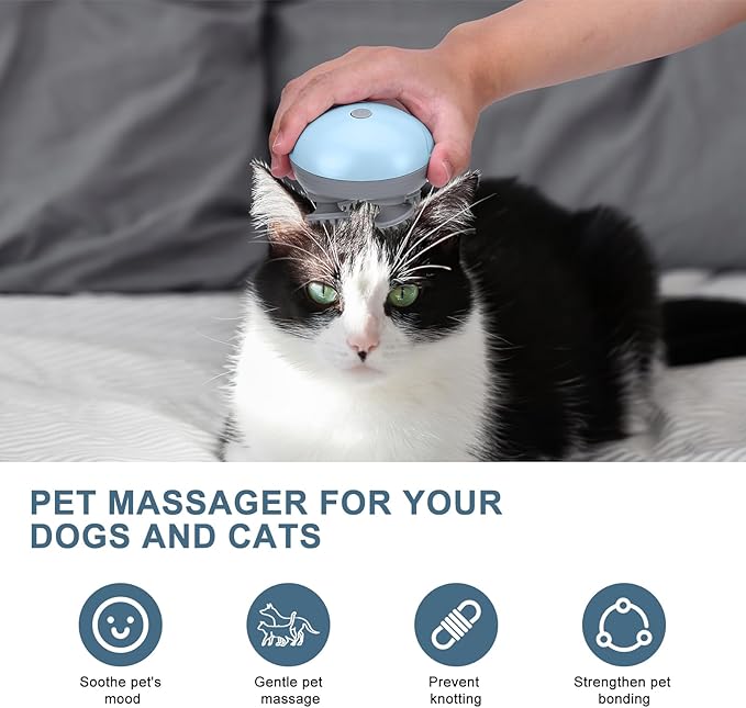 Upgraded Handheld Pet Massager for Dogs and Cats, Electric Cat Dog Massager, with 4 Rotatable Massage Heads, Three Modes, for Relieving Tight Stiffness Muscles, Promote Bonding (Light Blue)