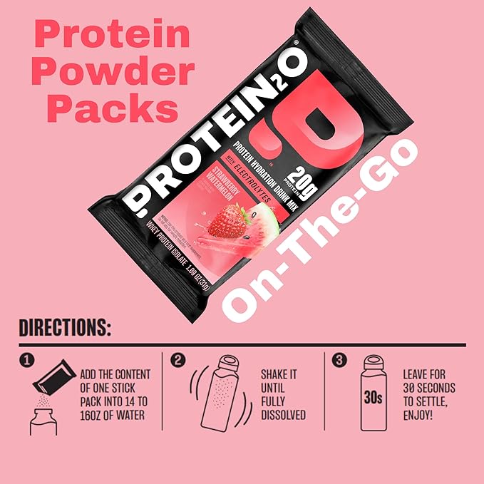 Protein2o 20g Whey Protein Isolate Clear Protein Powder, 360mg of Electrolytes, Vitamins B5 & B6, Sugar Free, Strawberry Watermelon, 8-Pack