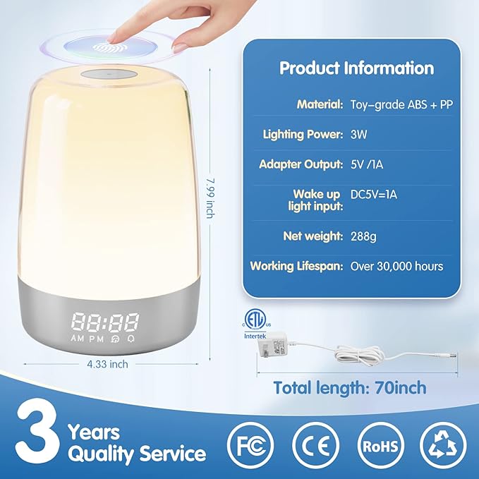 Sunrise Simulation Alarm Clock Wake Up Light for Heavy Sleepers Adults, Golspark Dimmable Sun Lamp Kid Bedroom Nursery Bedside Night Light Sleep Aid, 7 RGB Lights, 7 Natural Sound Alarms, Snooze Timer