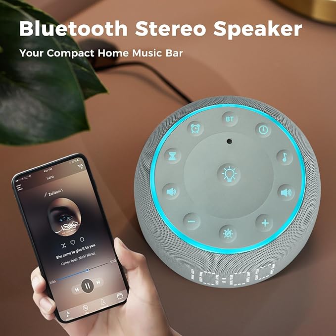 White Noise Machine Alarm Clock for Bedrooms - 5W Stereo Bluetooth Speaker - 24 Soothing Sounds - 9 Night Lights - Auto-Dimmable Digital Alarm Clock Sound Machine for Sleeping