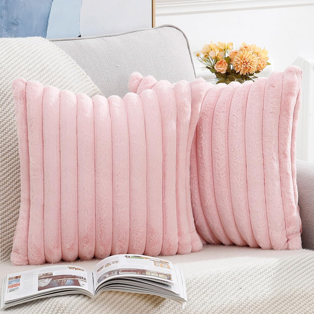 MADIZZ Set of 2 Faux Wool Plush Decorative Throw Pillow Covers 26x26 Inch Pink Fluffy Striped Soft Decorative Cushion Cover for Sofa Bedroom Pillow Shell