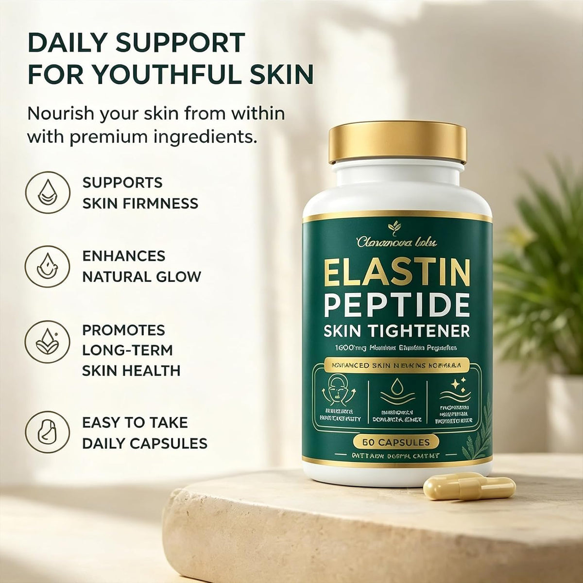 Claranova Labs Elastin Peptides, 1000mg Marine Elastin Peptide Skin Tightening Formula