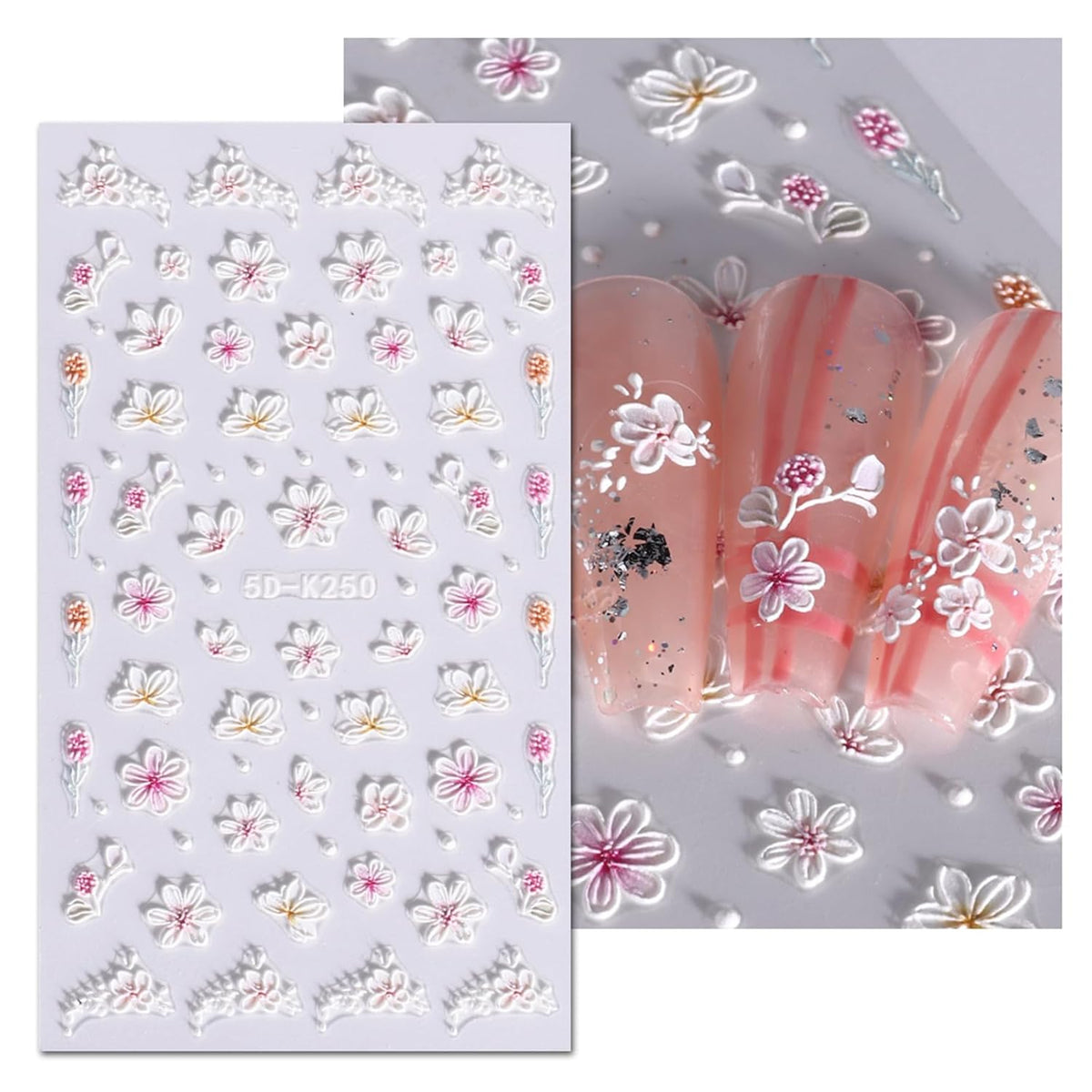 JMEOWIO 3D Embossed Flower Nail Art Stickers Decals Self-Adhesive Pegatinas Uñas 5D Summer Spring Floral Nail Supplies Nail Art Design Decoration Accessories 4 Sheets
