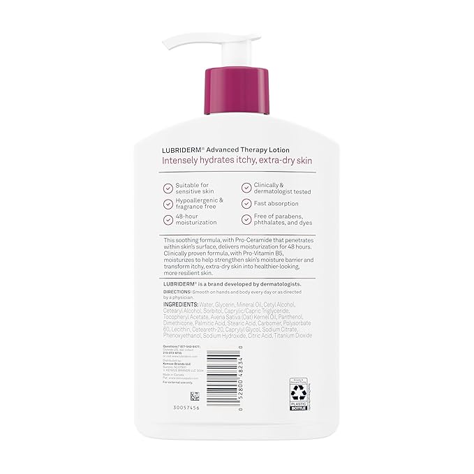 Lubriderm Advanced Therapy Fragrance Free Moisturizing Hand & Body Lotion + Pro-Ceramide, Intense Hydration for Itchy, Extra Dry, & Sensitive Skin, Non-Greasy, Hypoallergenic, 16 fl. oz