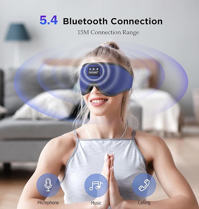 Sleep Mask with Bluetooth Headphones Wireless, TOPOINT 3D Eye Mask for Sleeping Headphones Women Men with Noise Canceling Earbuds, Thin Speaker, Blackout, 15 Hours for Travel, Meditation, CPAP Users