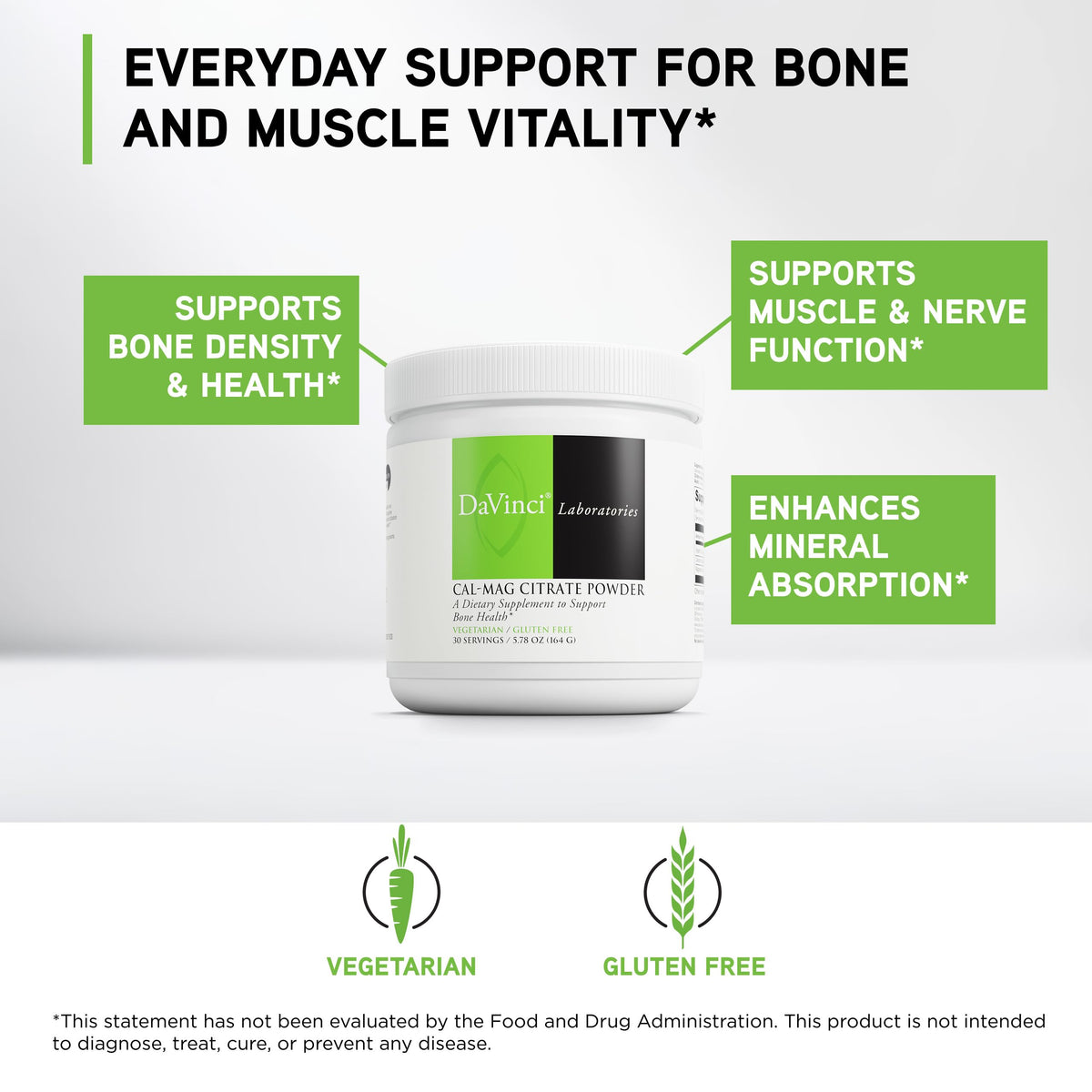 DAVINCI Labs Cal-Mag Citrate Powder - Supports Bone Health* - Dietary Supplement with Vitamin D2, Magnesium & Calcium - Vegetarian - Gluten-Free - 30 Servings