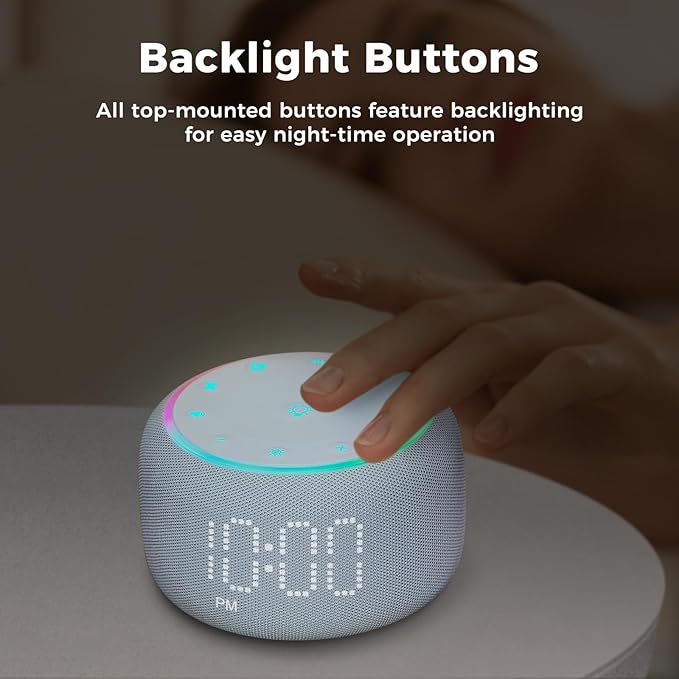 White Noise Machine Alarm Clock for Bedrooms - 5W Stereo Bluetooth Speaker - 24 Soothing Sounds - 9 Night Lights - Auto-Dimmable Digital Alarm Clock Sound Machine for Sleeping