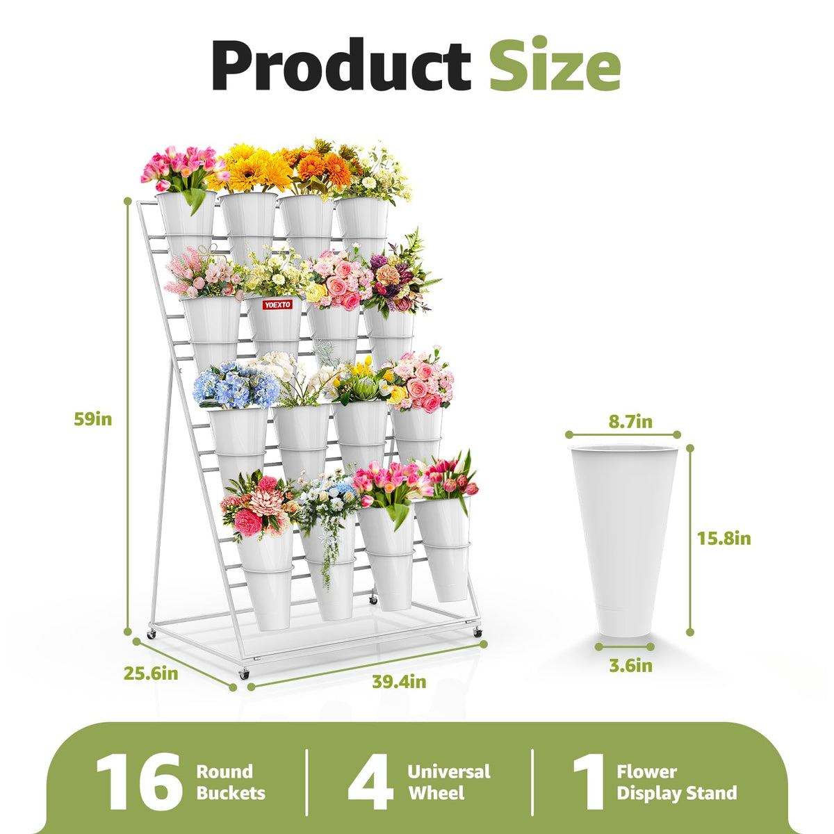 YOEXTO Flower Display Stand 4 Layers with 16 PCS Round Buckets, Plant Stand with Wheels, Movable Metal Plant Stand for Terrace Garden, Florist Shop