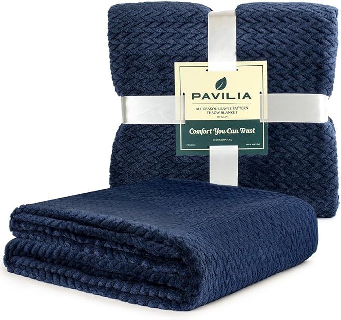 PAVILIA Soft Fleece Navy Blue Throw Blanket for Couch, Lightweight Plush Warm Blankets for Bed, Fuzzy Cozy Flannel Blanket Throw for Sofa, Travel, Jacquard Pattern, Navy Blue, 50x60 inch