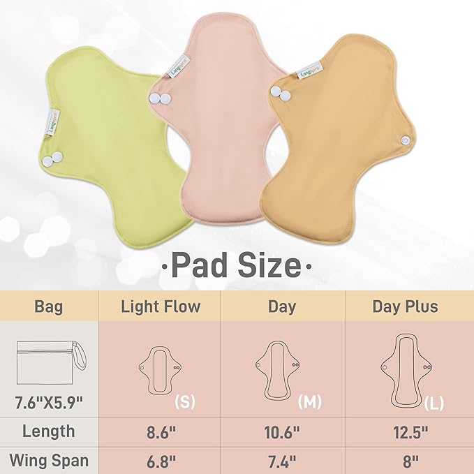 Langsprit Cotton Reusable Period Pads for Women, Washable Pads Menstrual, Regular Absorbency Cotton Cloth Menstrual Pads 3pcs Set with Mini Wet Bag, Suitable for Menstrual Period