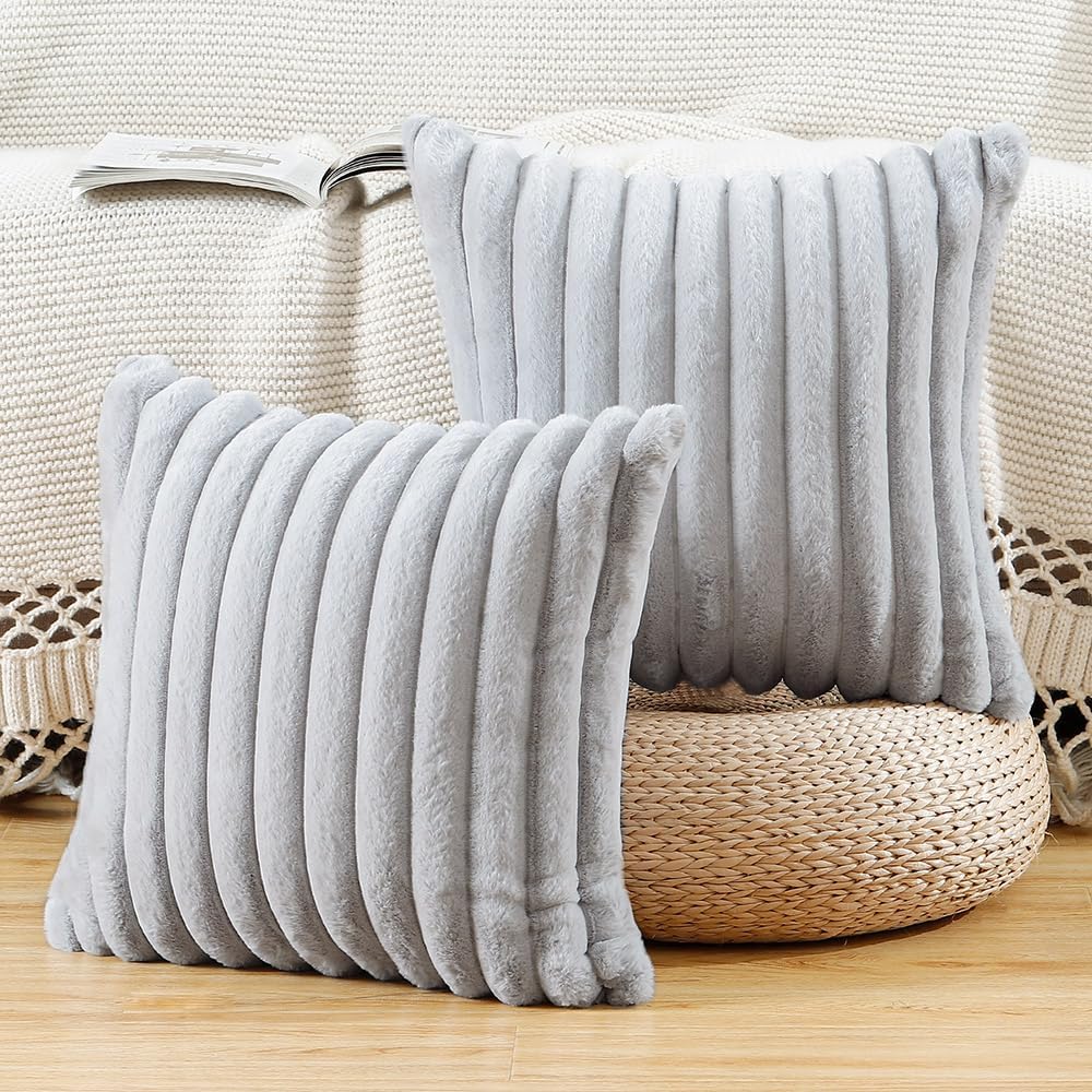 MADIZZ Set of 2 Faux Wool Plush Decorative Throw Pillow Covers 16x16 Inch Light Grey Fluffy Striped Soft Decorative Cushion Cover for Sofa Bedroom Pillow Shell