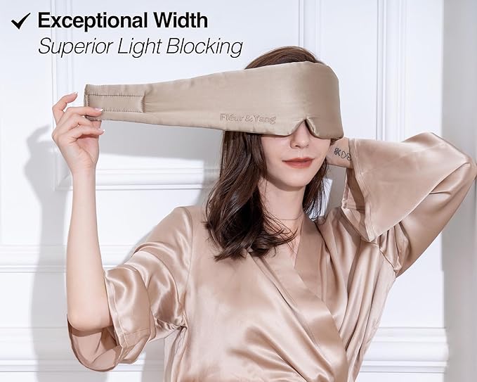 Fleur&Yang Silk Sleep Mask, Adjustable Blackout Sleeping Mask for Men Women, Soft Breathable 100% Mulberry Silk Fabric, Cooling Eye Cover Blindfold for DeepSleep or Meditation (Flax Gold)