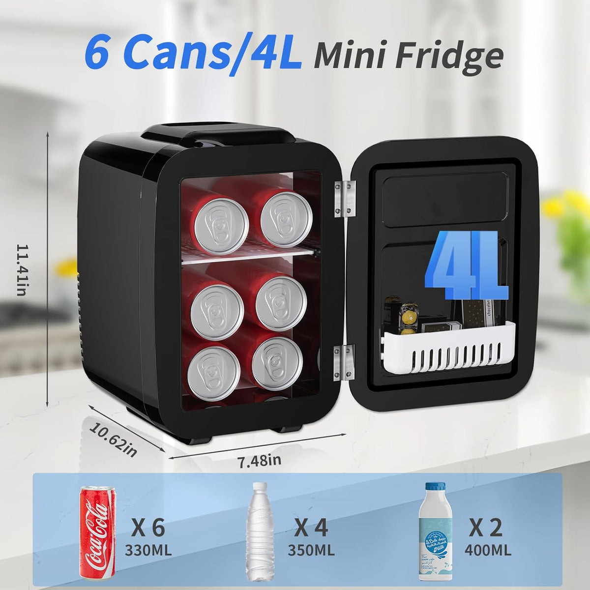 YASHE Mini Fridge, 4 Liter/6 Cans Small Refrigerator for Skincare, 110V AC/ 12V DC Thermoelectric Cooler and Warmer for Bedroom, Office, Dorm, Car, Black
