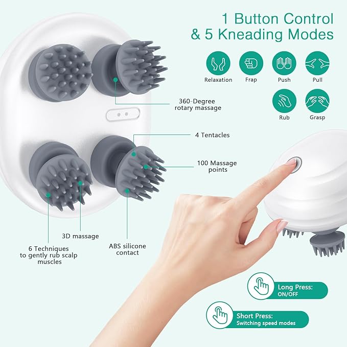 ORIA Electric Scalp Massager, Electric Pet Massager for Cat and Dog, Portable Rechargeable Head Massager with 5 Modes, 8 Detachable Heads, 96 Massage Nodes, IPX7 Waterproof, for Full Body Use
