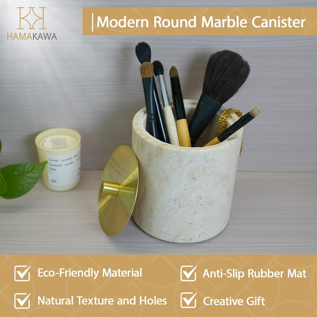 Qtip Holder With Brass Lib, Beige Travertine Cotton Swab Jars 4 Inch, Modern Round Marble Canister, Small Apothecary Storage Jars for Bathroom, Bedroom, Vanity, Kitchen Cabinet