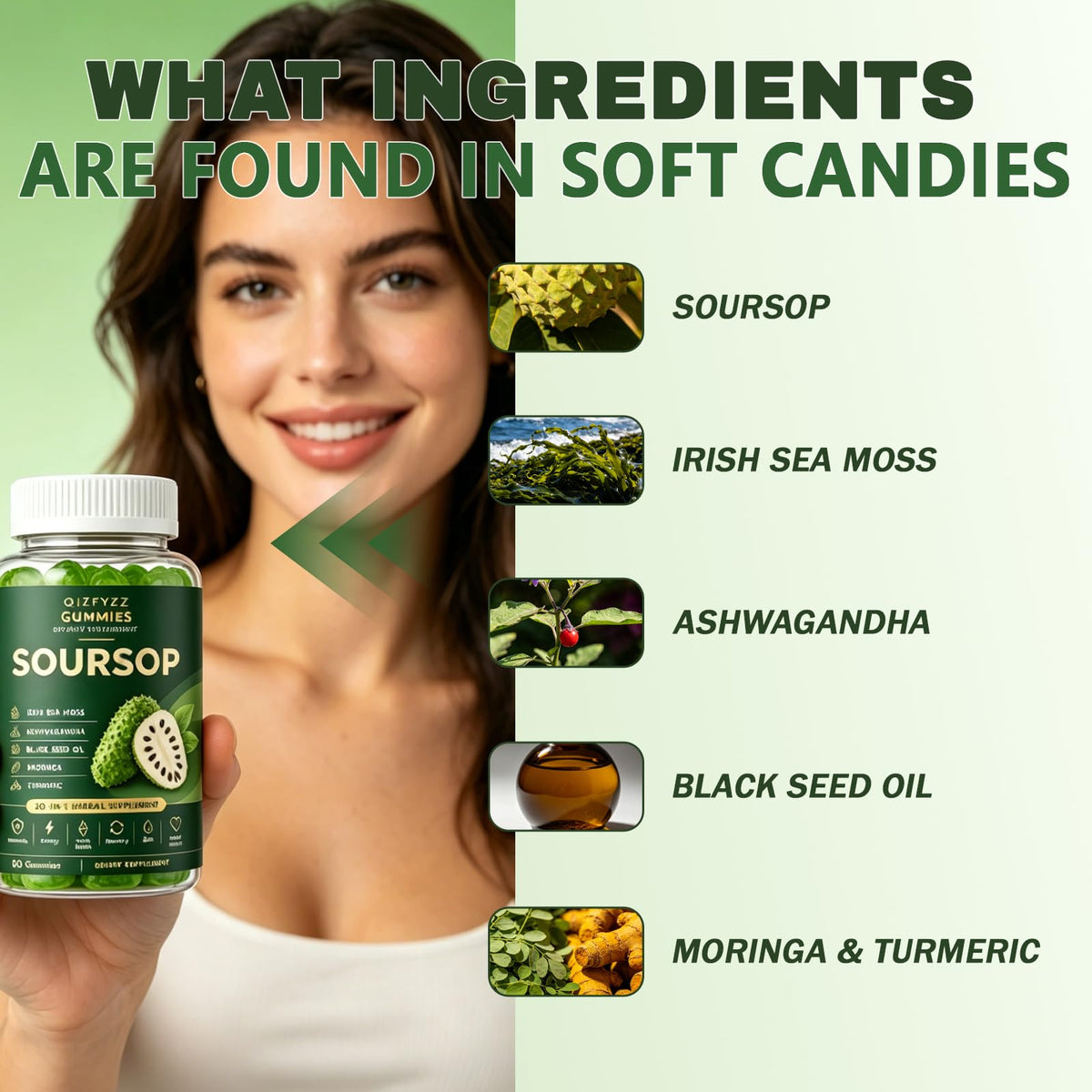 Bexelora Qizfyzz Soursop Gummies – Herbal Daily Supplement with Soursop Leaf, Sea Moss, Ashwagandha, Black Seed, Moringa & Turmeric – Non-GMO, Immune Support & Wellness – 60 Gummies