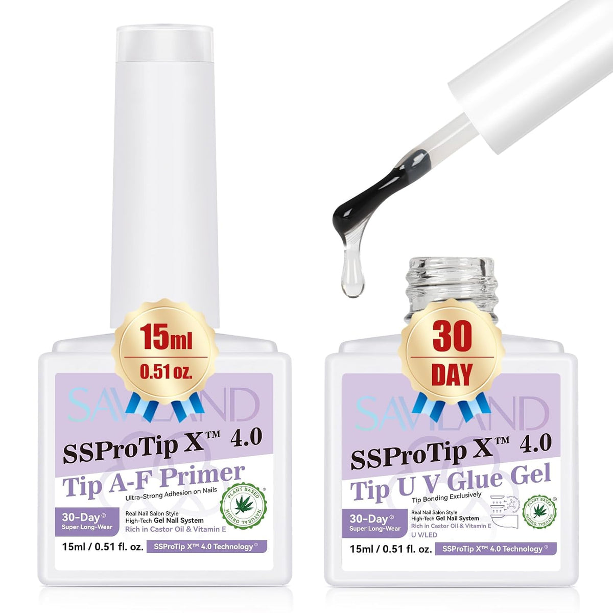 SAVILAND Gel Nail Glue & Nail Primer Set: 30-Day Long Lasting Extra Strong Nail Glue Gel with Nail Primer Rich in Castor Oil Vitamin E for Gel Glues for Nails False U V Lamp Required SSProTip X 4.0