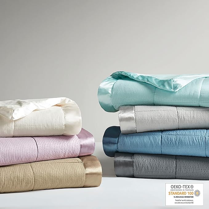 Madison Park Cambria Down Alternative Blanket, Premium 3M Scotchgard Moisture Wicking Treatment, Lightweight and Soft Bed Cover For Summer with Satin Trim, Oversized Full/Queen Gray