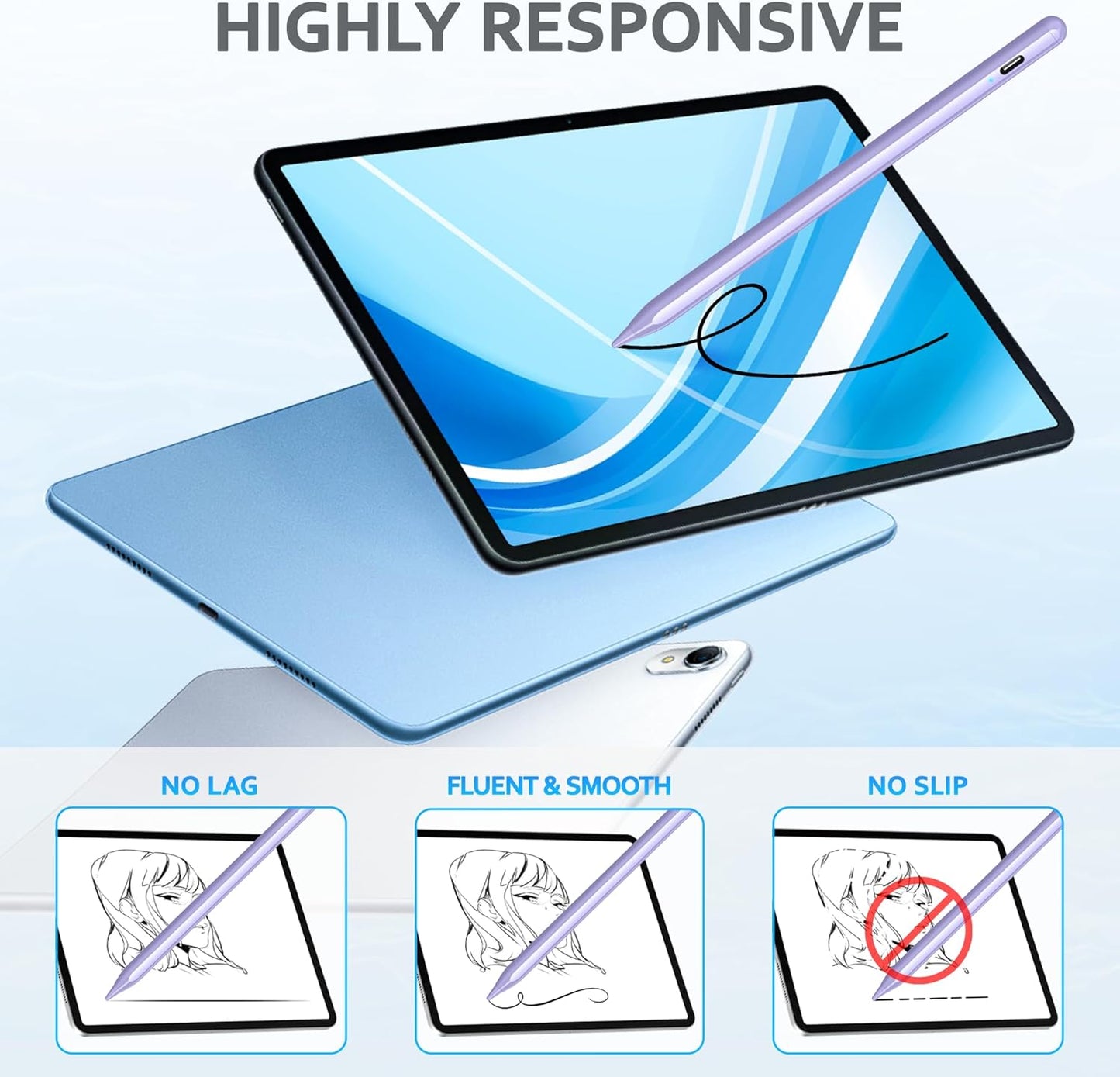Stylus Pen for Android and i-OS, Stylists Pen for Touch Screens/i-Pad/Phones, Rechargeable Stylus Pencil for A-pple/Android/Tablet, 16.5CM, Purple