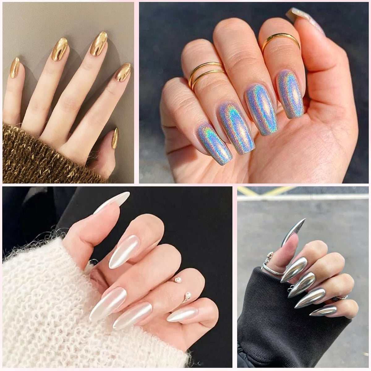 Gold Silver Chrome Nail Powder, 24 Colors White Pearl Unicorn Iridescent Holographic Nail Chrome Powder, Red Blue Green Black Purple Rose Gold Metallic Mirror Chrome Powder for Nails Glitter Pigment