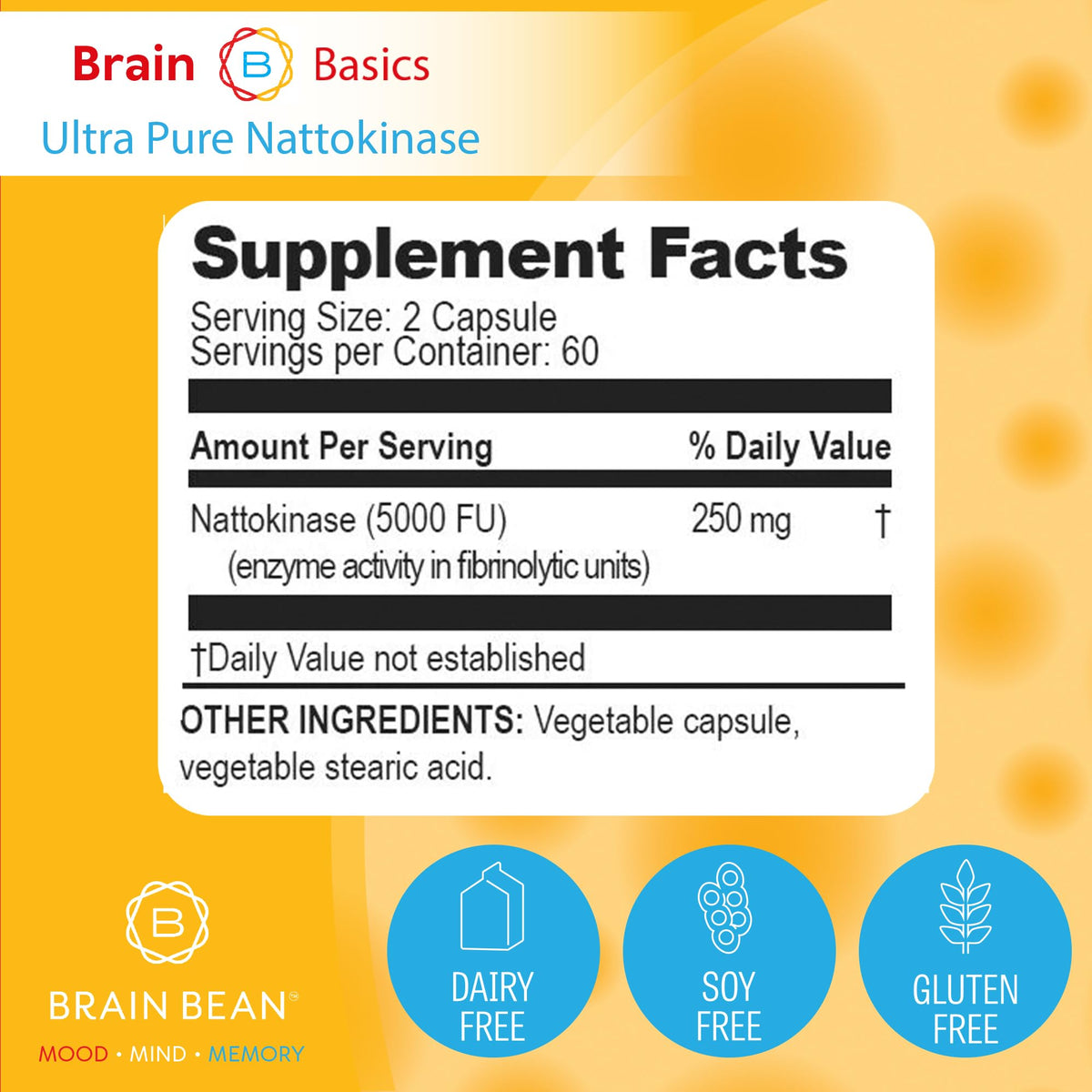 Brain Basic Ultra-Pure Nattokinase 5000 FU – 120 Capsules - Natural Blood Circulation Support with Highest Potency Available – Non-GMO, Vegan, Gluten Free