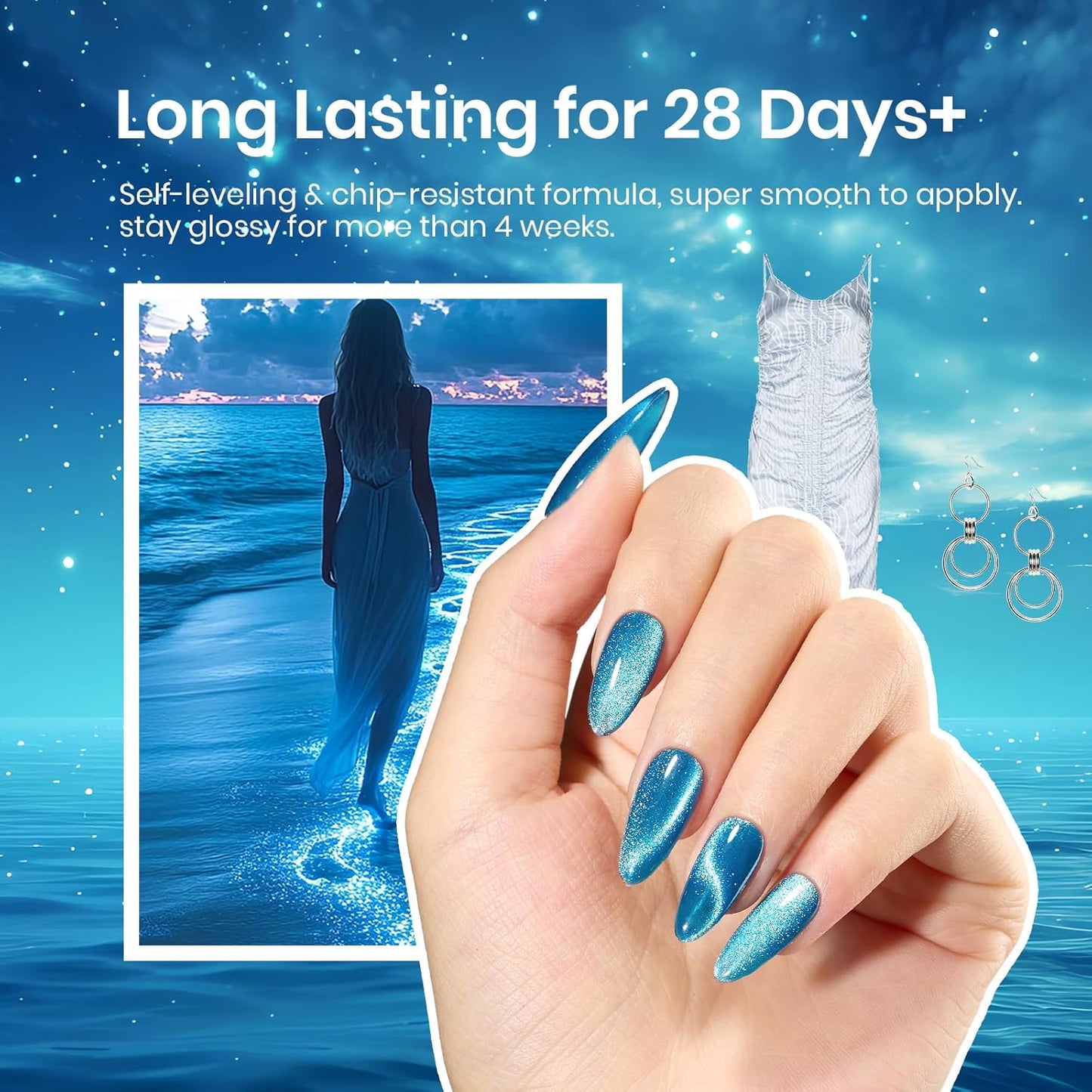 Beetles Blue Cat Eye Gel Polish, 15ML Blue Cat Eye Glitter Gel Polish with Magnet Shimmer Velvet Gel Soak Off UV Stellar Ocean Collection French Nail Art Design Manicure Summer Gifts for Women