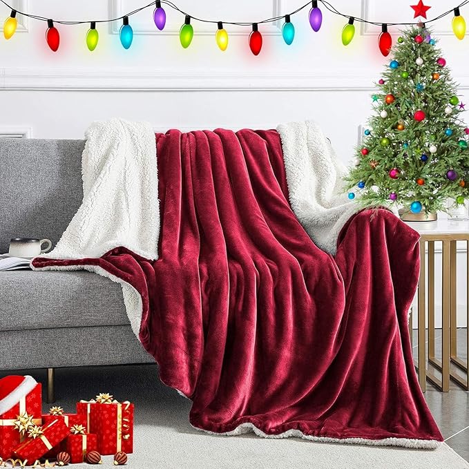 IR Imperial Rooms Sherpa Blankets Queen Size - Thick and Warm Blankets for Winter, Reversible Soft and Fuzzy Fluffy Queen Size Blanket for Bed, Burgundy, 90x90 Inches