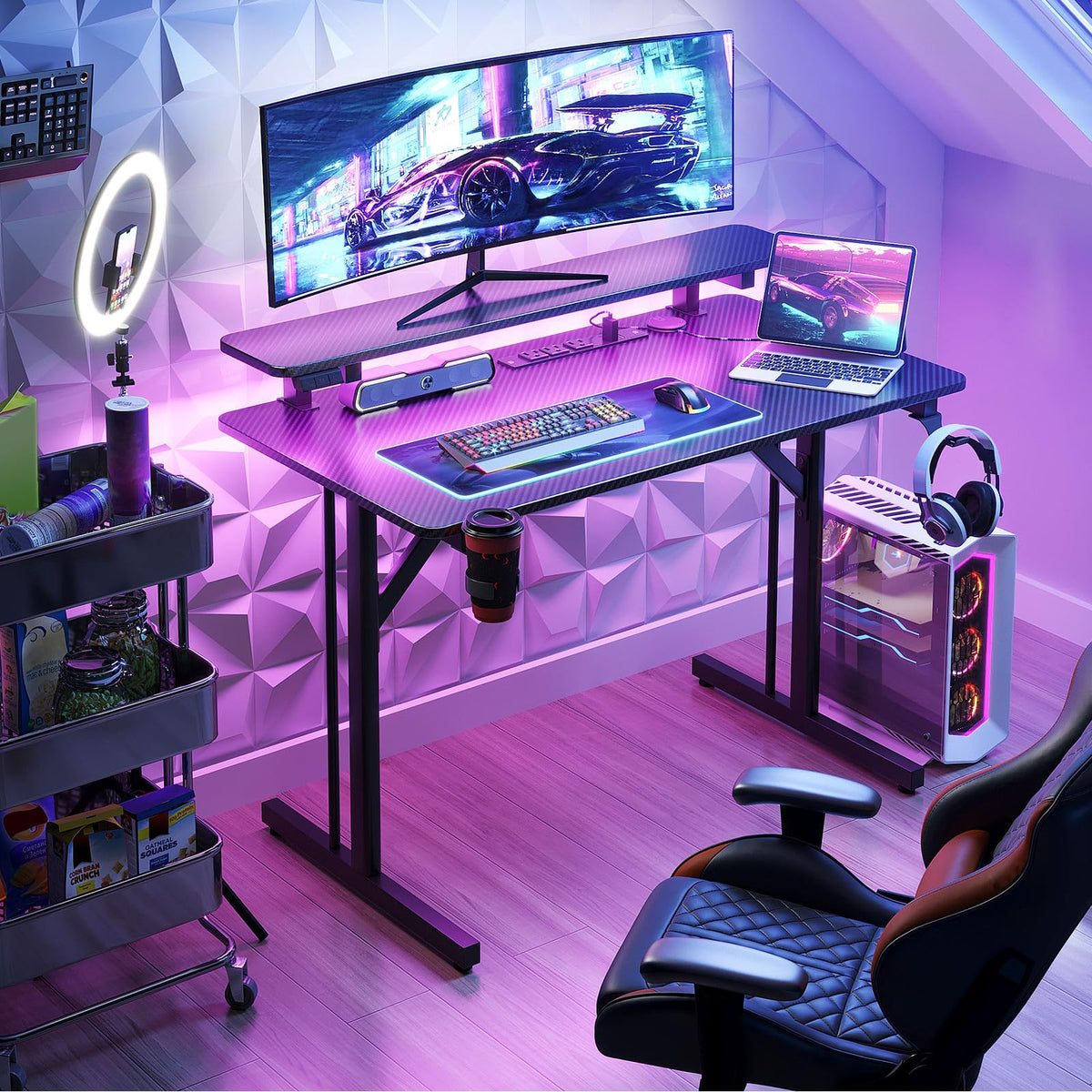 MOTPK 32 Inch Small Gaming Desk with LED Lights & Power Outlets, Computer Desk Gaming Table with Monitor Shelf, Gamer Desk with Carbon Fiber Texture, Kids Boys Desk Gift for Men