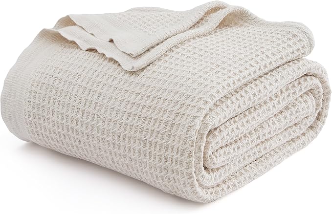 Bedsure 100% Cotton Blanket Twin XL Size for Bed - Breathable and Soft, Waffle Weave Blanket for Summer Spring, Light Beige, 66x90 inches