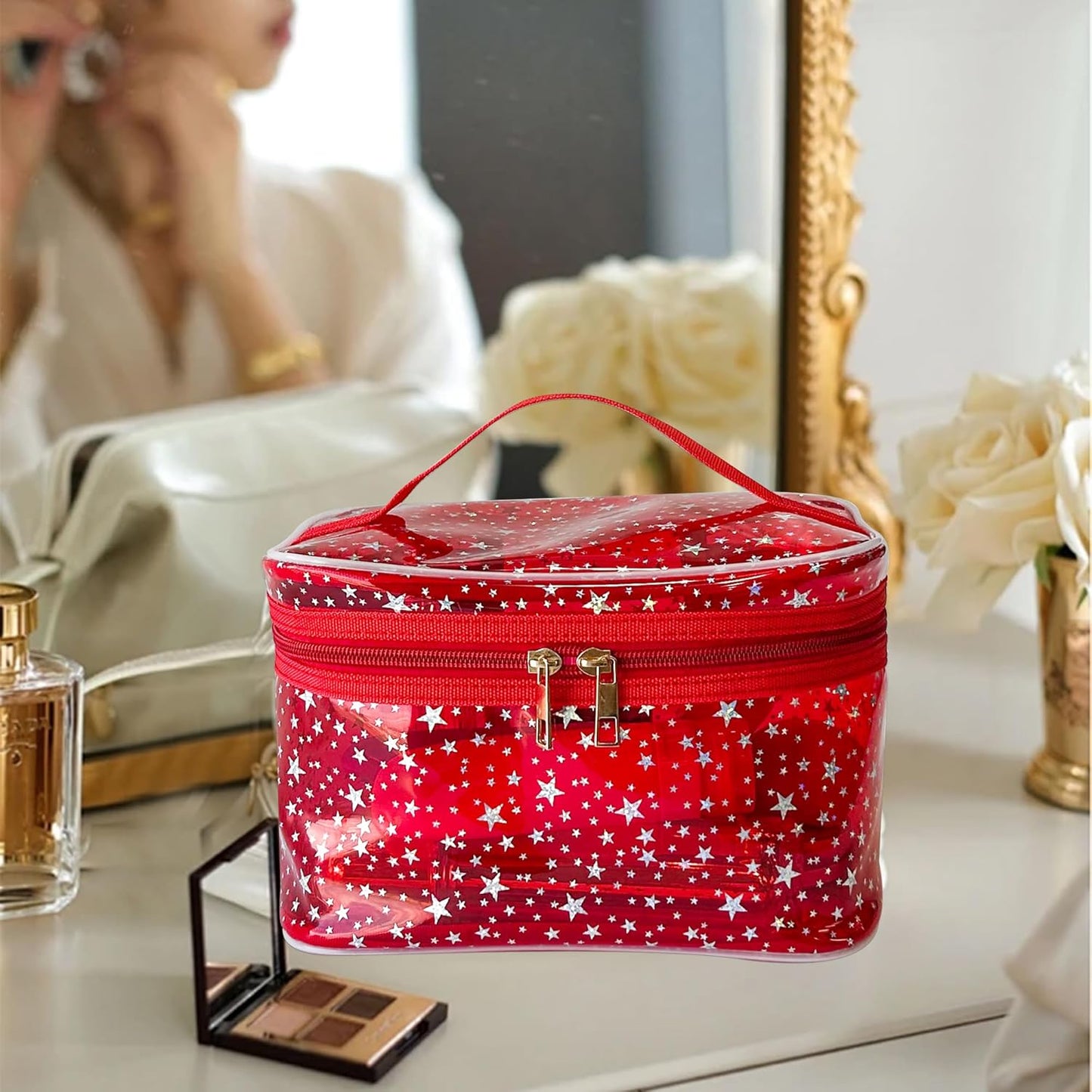 Holographic Makeup Bags Bulk,Clear Storage Bag Toiletry Pocket Portable Zippered Iridescent Pouch Waterproof Cosmetic Gift Bags for Women (Pink-L)