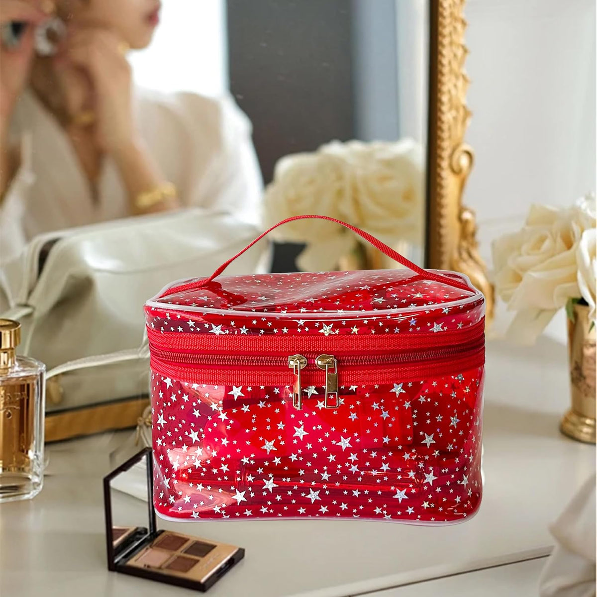 Holographic Makeup Bags Bulk,Clear Storage Bag Toiletry Pocket Portable Zippered Iridescent Pouch Waterproof Cosmetic Gift Bags for Women (Black-L)