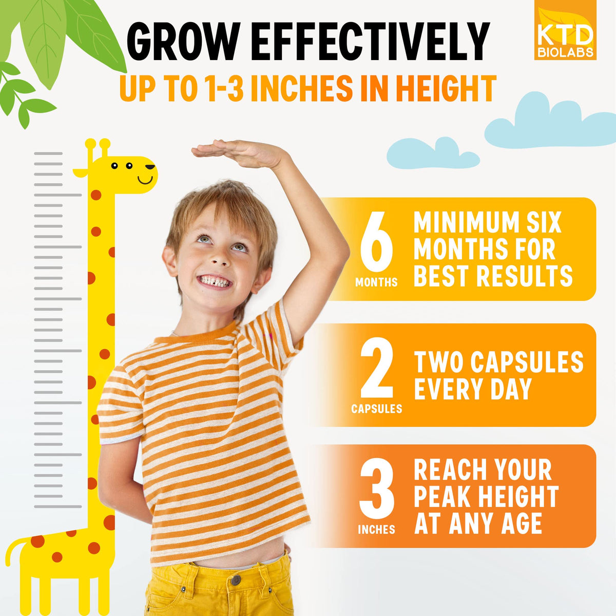 KTD BIOLABS Kids Height Growth Support Capsules 2 Pack – Daily Development Formula with Calcium, Vitamin D3 & Zinc – Bone & Nutrition Support for Kids & Teens – Amino Blend – 120 Capsules Total
