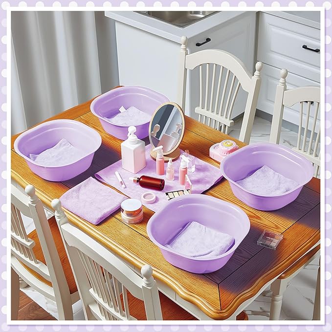 Patelai 6 Sets Kids Foot Spa Kit for Girl 12 x 12 x 4.3 Inch Foot Tub 14 x 30 Inch Hand Towels Washbasin Towels for Spa Party Sleepover Party Supplies (Light Purple)