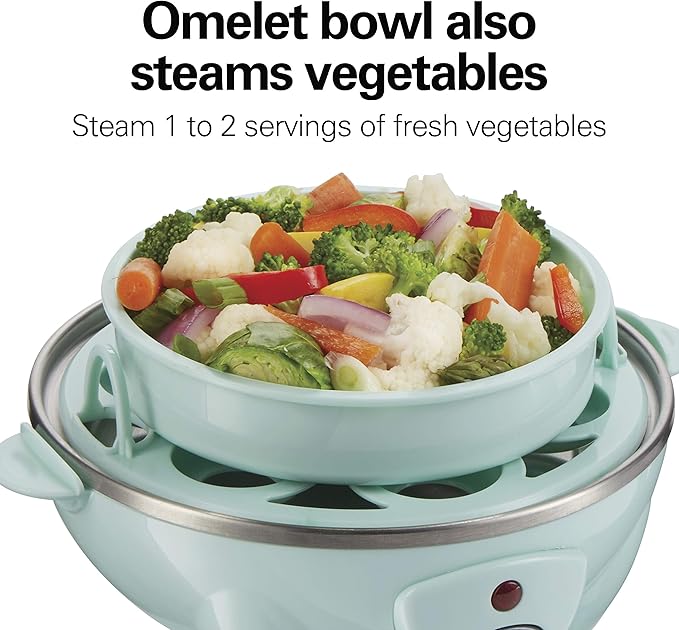 Hamilton Beach Egg Cooker 3-in-1 for Hard Boiled & Poached Eggs, Omelets & Vegetable Steamer, Holds 7, Mint (25504)