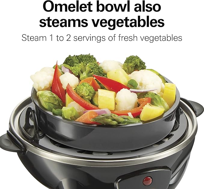 Hamilton Beach Egg Cooker 3-in-1 for Hard Boiled & Poached Eggs, Omelets & Vegetable Steamer, Holds 7, Black (25507)