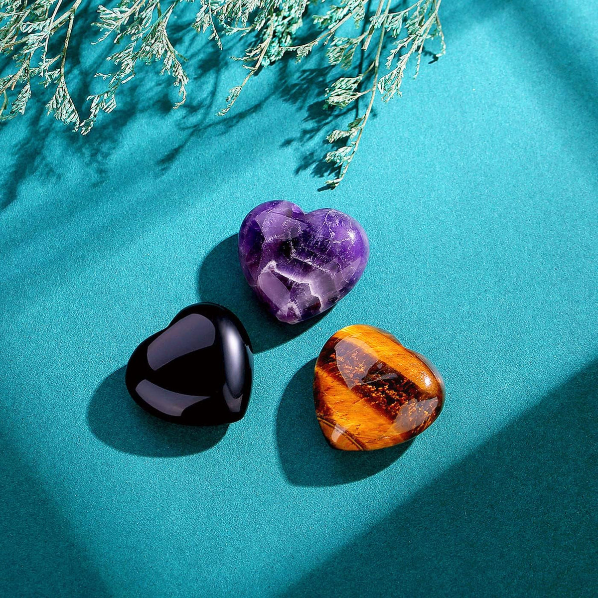 QINJIEJIE 3 PCS 1.2" Large Heart Crystals Amethyst Obsidian Tigers Eye Natural Healing Crystal Heart Shape Love Stones Polished Thumb Gemstones Therapy Reiki Energy Balancing Gifts