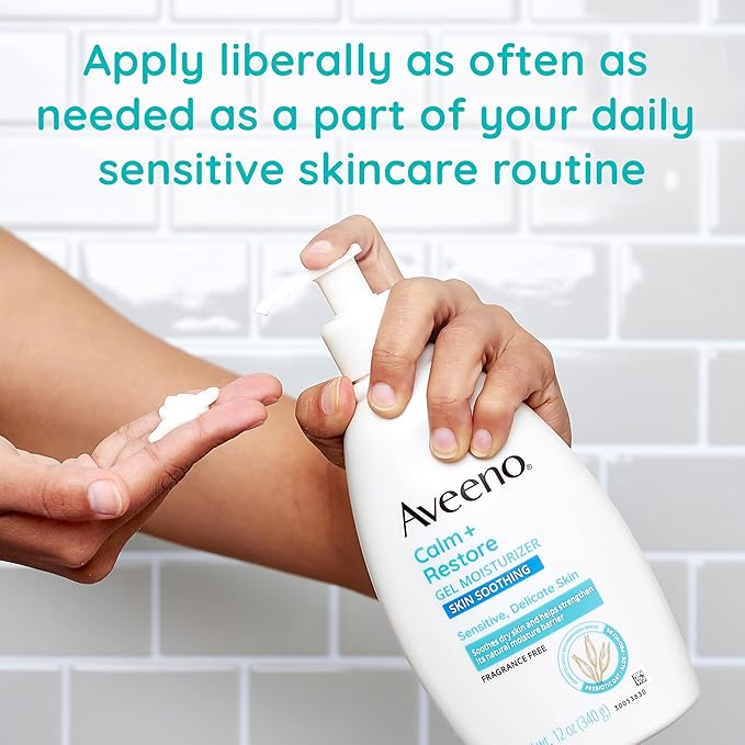 Aveeno Calm + Restore Body Moisturizer Gel for Sensitive Skin, Lightweight Moisturizer to Help Heal Dry Skin with Aloe Vera, Prebiotic Oat and Pro-Vitamin B5, Fragrance Free, 12 OZ