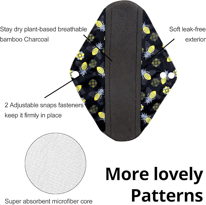 wegreeco Reusable Menstrual Pads for Women - Reusable Sanitary Pads | Reusable Panty Liners | Soft Cloth Menstrual Pads - 5 Pack, 1 Cloth Wet Bag (L, Bee & Bloom)