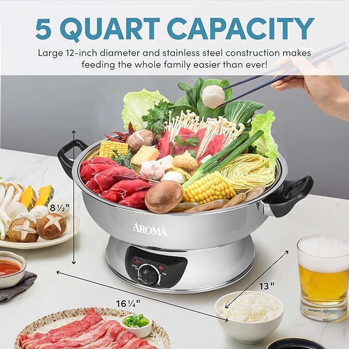 Aroma Stainless Steel Hot Pot, Silver (ASP-600), 5 quart